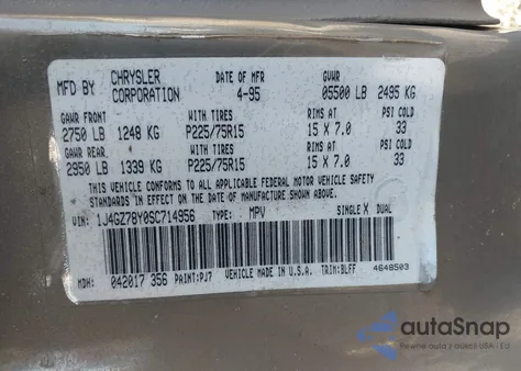 1995 Jeep Grand Cherokee Limited/Orvis z USA, uszkodzony, nr VIN 1J4GZ78Y0SC714956